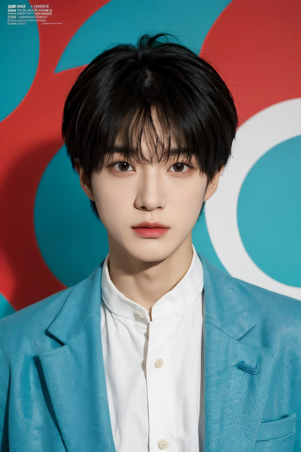 Full colorful background and backdrop,protrait focus,for ads,professional pose for magazine photo,Handsome korean male,Center-parted hairstyle,a cassock,worship,short male hair,bangs hair,centre the down hair, Delicate androgynous prince, Beautiful androgynous prince, korean artist, with same hairstyle,dressea new fashion colorful short suit blazer t-shirt,