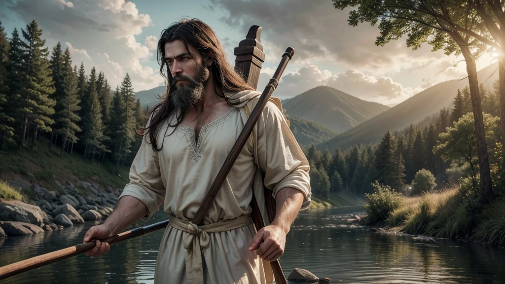 Create an ultra-realistic image of Saint Christopher, represented as a tall, strong man with a dark beard and long hair. He must be crossing a shallow river, holding a large wooden staff in one hand and carrying the  Jesus on his shoulders. Saint Christopher must be dressed in a simple tunic, brown or beige, which appears heavy and wet from the river. The babyus must be represented as a small, serene , with light hair and a calm expression, wearing a white robe. The scene should be at dawn or dusk, with soft, natural light, and the background should include a natural setting with trees and a slightly cloudy sky. The image should capture the effort of Saint Christopher when crossing the river and the tranquility of the baby JesThe composition should convey a feeling of devotion, strength and protection.