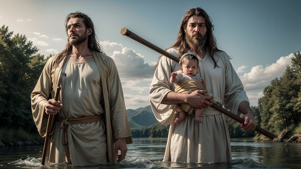 Create an ultra-realistic image of Saint Christopher, represented as a tall, strong man with a dark beard and long hair. He must be crossing a shallow river, holding a large wooden staff in one hand and carrying the baby Jesus on his shoulders. Saint Christopher must be dressed in a simple tunic, brown or beige, which appears heavy and wet from the river. The baby Jesus must be represented as a small, serene , with light hair and a calm expression, wearing a white robe. The scene should be at dawn or dusk, with soft, natural light, and the background should include a natural setting with trees and a slightly cloudy sky. The image should capture the effort of Saint Christopher when crossing the river and the tranquility of the baby Jesus. The composition should convey a feeling of devotion, strength and protection.