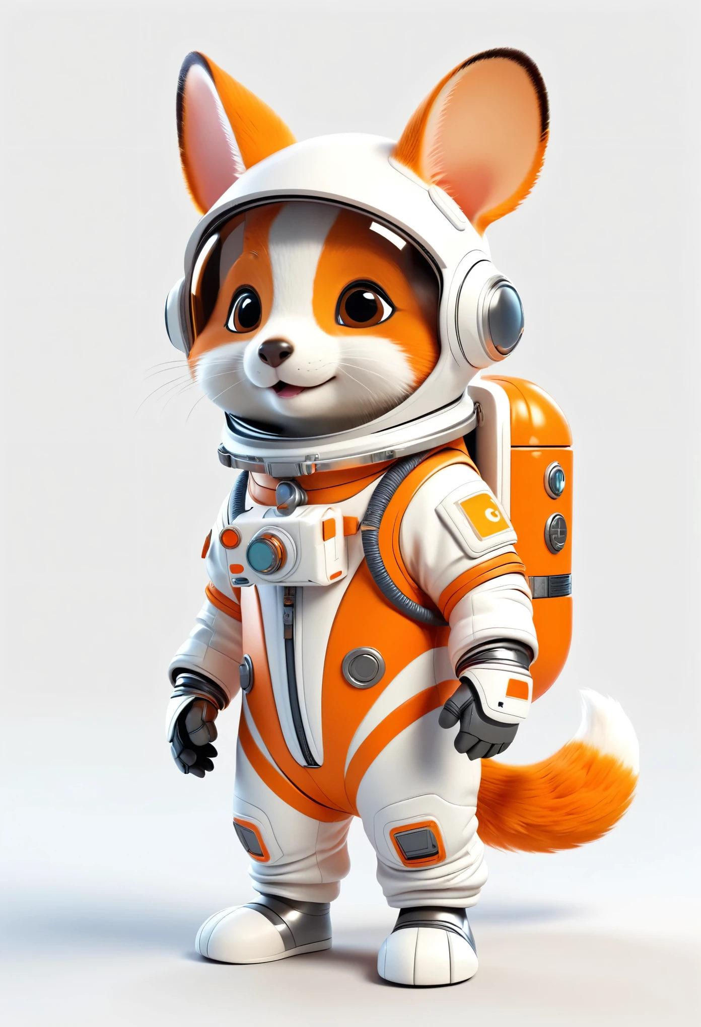 Cute animal in a space suit, with an orange and white color scheme, shown in a full body shot, in the style of a cartoon, on a white background, as a 3D rendering, with a detailed character design, at a high resolution