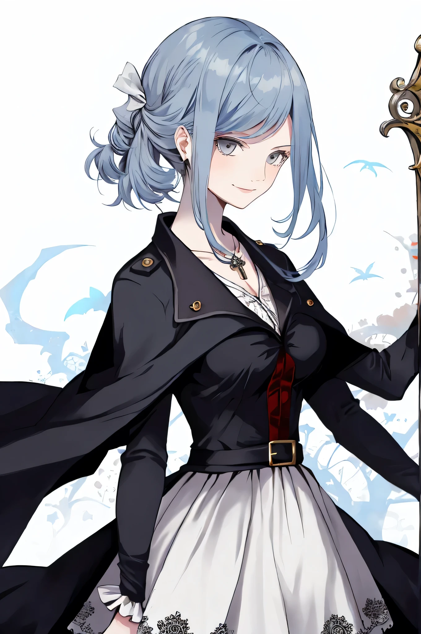 ((best quality)), ((masterpiece)), (detailed), 1girl, Character design, female, dynamic poses, long blue hair, grey white eyes, very skinny, detailed, best quality, no accesoires around the neck, prominent collarbones, skinny arms, upper body, blank white background, plain background, white background, ((red and white clothing)), Bloodborne inspired, occult aesthetic, occult, detailed and intricate steampunk and detailed gothic, Very dramatic and cinematic lighting, cosmic horror, grim-dark, side-lighting, perfect face, Fluttering lace flared long knee length dress with frilly petticoats, knee length dress, pleated petticoats, petticoats gothic, complex lace boots, side-lighting, gothic aesthetic, wielding a mighty sword with mechanical components, mandalas, small breasts, a fairy, various different types of insect wings,upper body, upper body, white holy clothes,white holy clothes,((evil smile)),blue hair,