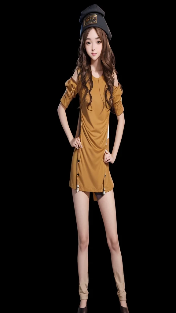 A beautiful girl in full body, skin fair, with black cap on head, with wavy brown hair.