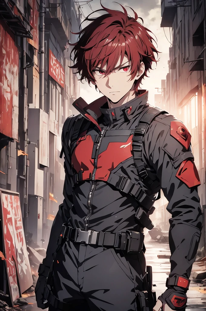 1 male, solo, red hair , anime character wearing combat suit, kaworu nagisa, anime handsome man, male anime character, tall anime guy with red eyes, hajime yatate, anime, fubuki, action anime pose, yukito kishiro, young anime man, official art, makoto kano, male anime style, masterpiece, rtx, ray tracing, highly detailed, best quality, official art