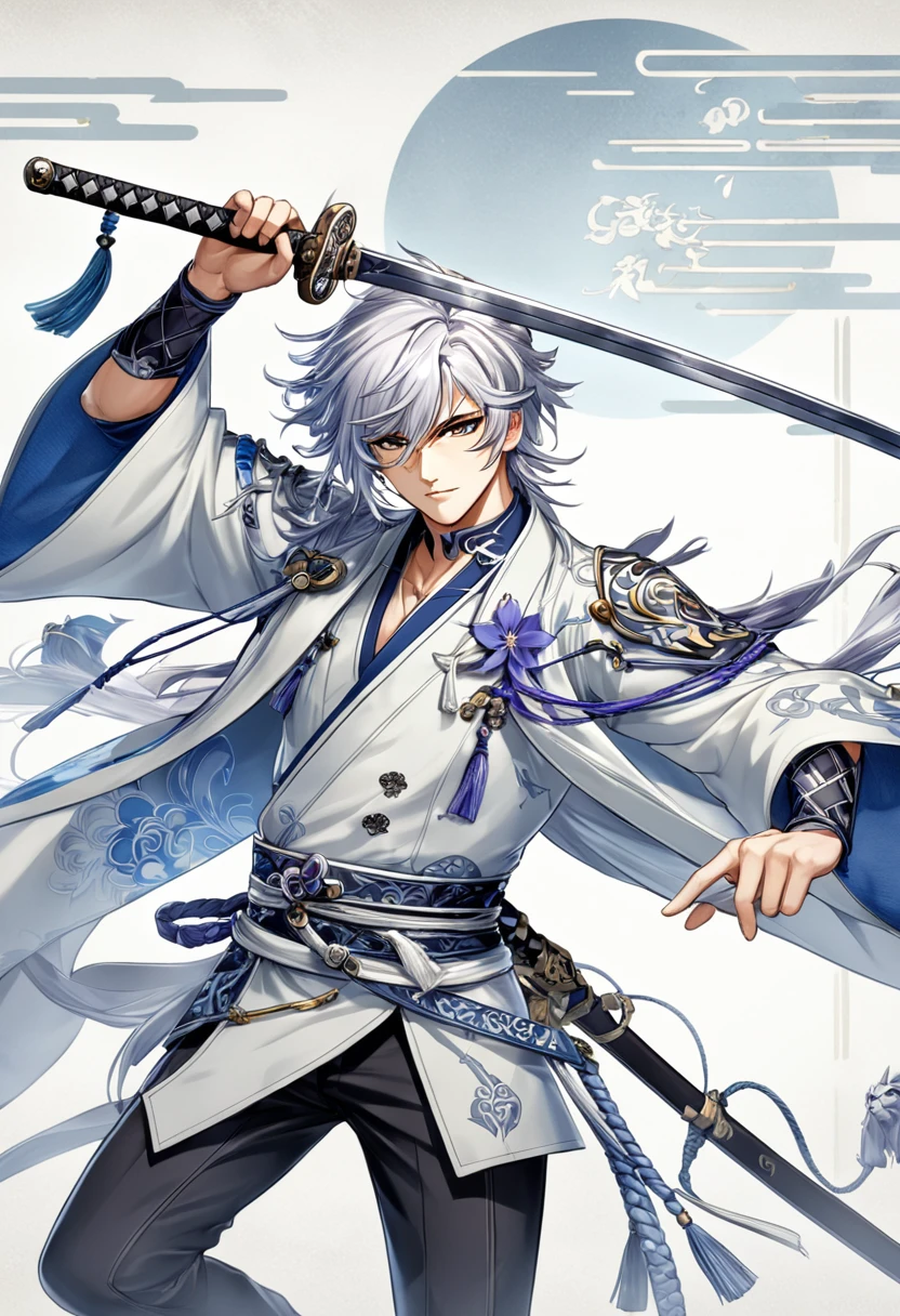 Holding a sword、Anime characters with gray hair, Keqing of Genshin Impact, White-haired God, Tall anime guy with blue eyes, Male Anime Characters, Handsome men from Demon Slayer, masamune shiro, Genshin Impact Mid-Range, Handsome anime pose, Zhao Yun, Best anime 4k konachan wallpaper, Detailed Anime Character Art