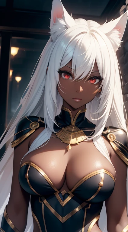 fantasy, anime girl, dark skin, face portrait, voluminous breasts, lustful face, sexy cat girl, high detail, beauty lips, background, rtx on, Color Grading, Perspective, Depth of Field, Field of View, Tonal Colors, 8K, Full-HD, Perfectionism, Rim Lighting, Natural Lighting, Soft Lighting, Accent Lighting, Diffraction Grading, elegant, cats ears, white hair, red eyes, egyptian black-gold clothing , super detailed, masterpiece, look forward