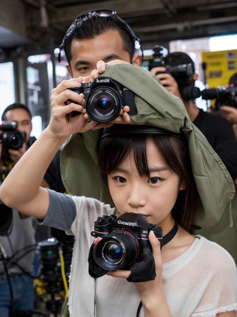 A photographer guy takes a picture of a model