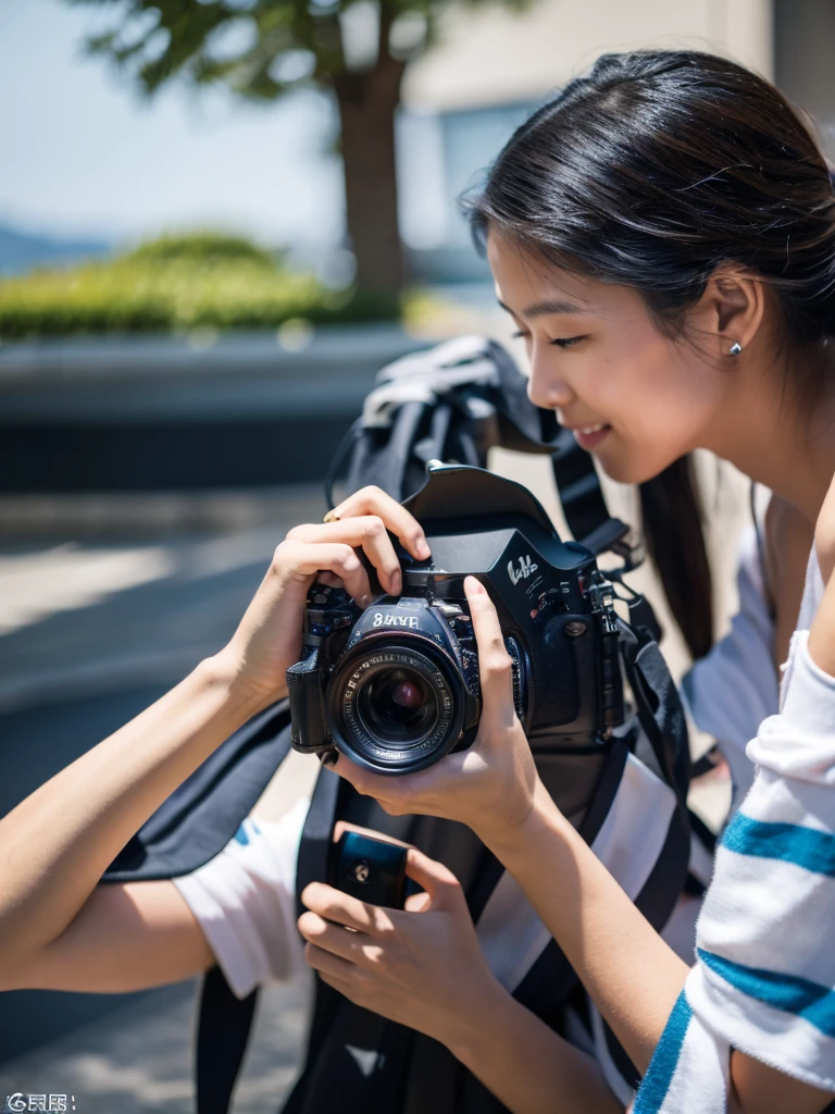 A photographer guy takes a picture of a model