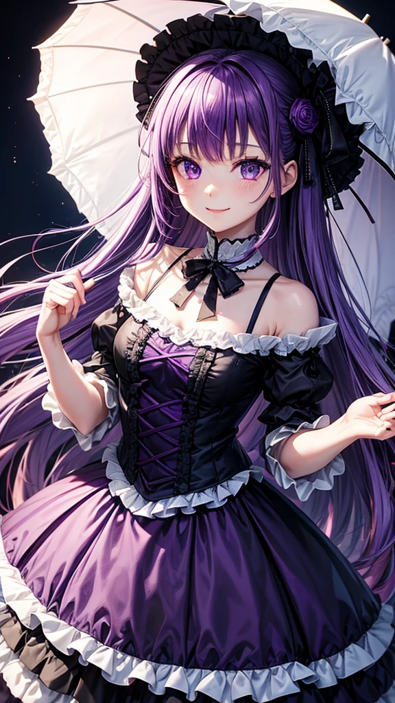 Purple Hair、Drill Hair、Purple eyes、Gothic Lolita clothes、A dress with lots of ribbons、parasol、smile、In town、4K、high resolution、masterpiece