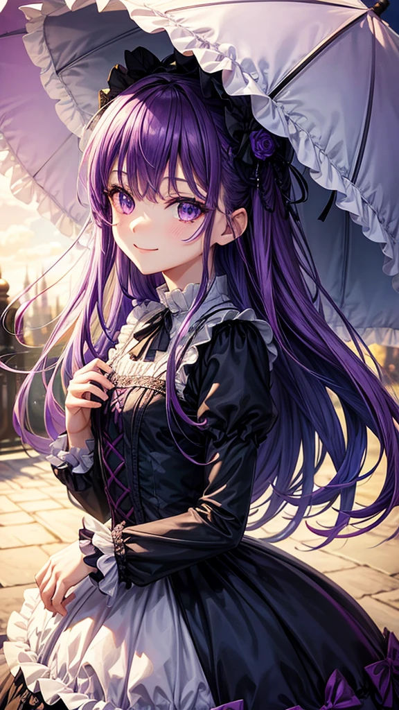 Purple Hair、Vertical Roll、Purple eyes、Gothic Lolita clothes、A dress with lots of ribbons、parasol、smile、In town、4K、high resolution、masterpiece