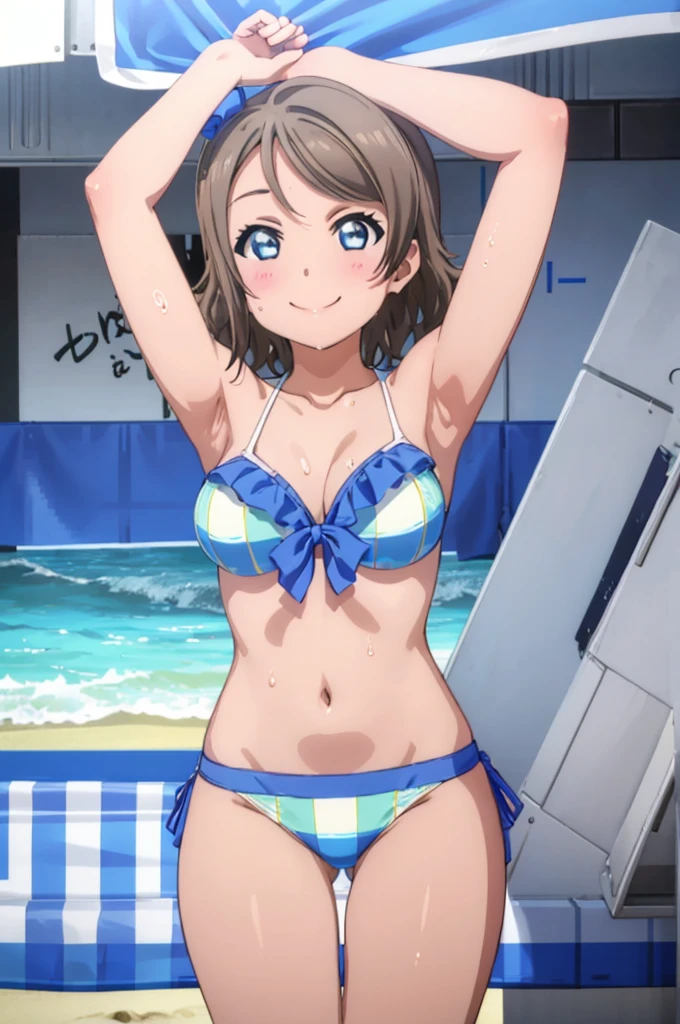 (((pixel-perfect, detail-perfect))), solo, 1girl, you watanabe, eyes azzur, smile, bikini, wet body, summer beach, armpit, big filesize, ultra High Qality
