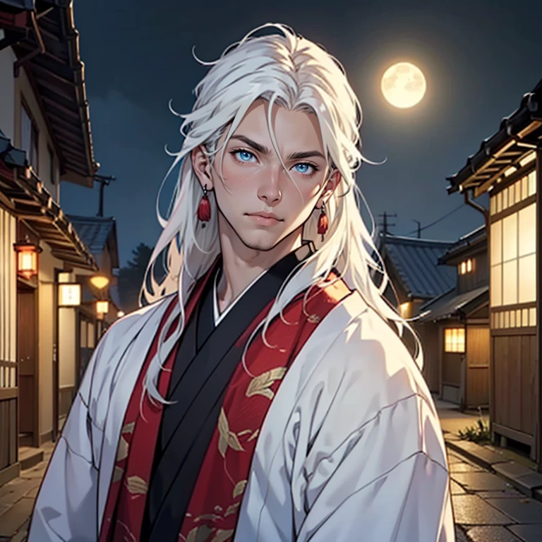 ((masterpiece)), (((best quality))), 1 male, pale white skin, white hair, long hair, straight hair, handsome man, blue eyes, sun earrings, detailed background of village at night, japanese clothes, detailed face, highest quality, highly detailed, original, high resolution CG Unit 8k wallpaper, (best quality, artwork, masterpiece, 4k)