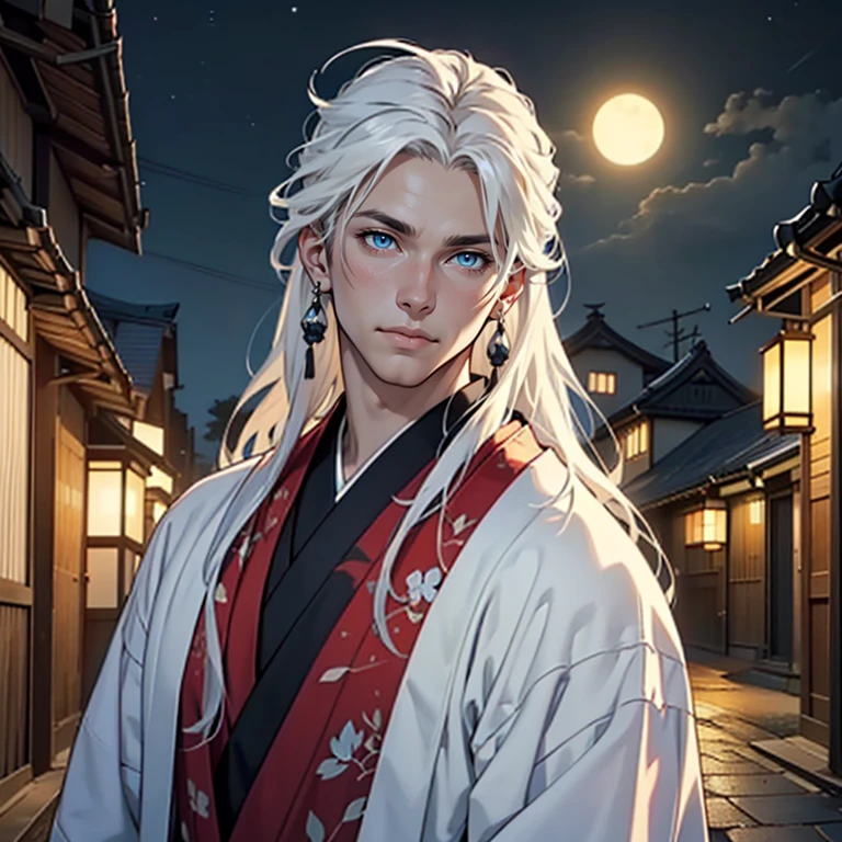 ((masterpiece)), (((best quality))), 1 male, pale white skin, white hair, long hair, straight hair, handsome man, blue eyes, sun earrings, detailed background of village at night, japanese clothes, detailed face, highest quality, highly detailed, original, high resolution CG Unit 8k wallpaper, (best quality, artwork, masterpiece, 4k)