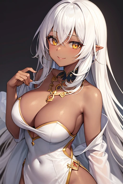 dohna dohna style,1girl, breasts, solo, yellow eyes, long hair, dark-skinned female, dark skin, large breasts, cleavage, dress, jewelry, looking at viewer, white background, smile, white dress, white hair, bare shoulders, detached sleeves, simple background, necklace, upper body, masterpiece, best quality,