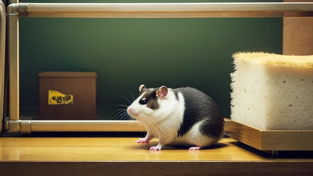A hamster upright, adopting a human-like posture. Its scowling expression, furrowed brows, and downturned mouth contribute to its grumpy demeanor. The white, fluffy fur contrasts sharply with its irate appearance. Completing the look is a large, round nose. At the his feet lie a piece of cheese on a mousetrap. The  garage backdrop ensures that all attention remains on this expressive character.