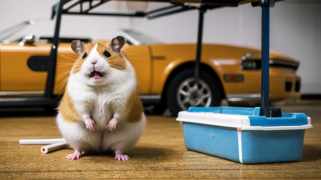 A hamster upright, adopting a human-like posture. Its scowling expression, furrowed brows, and downturned mouth contribute to its grumpy demeanor. The white, fluffy fur contrasts sharply with its irate appearance. Completing the look is a large, round nose. At the his feet lie a piece of cheese on a mousetrap. The  garage backdrop ensures that all attention remains on this expressive character.