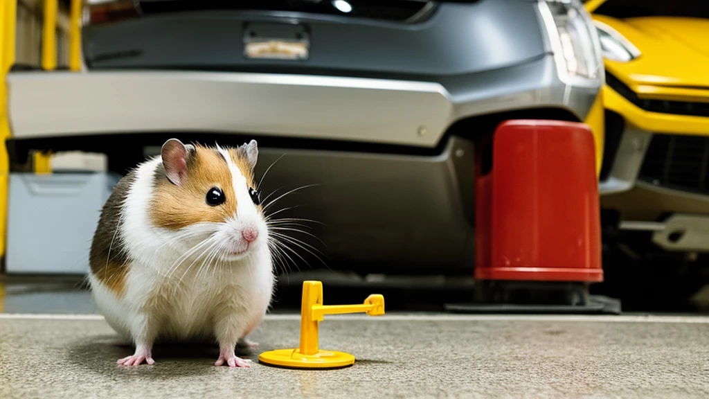 A hamster upright, adopting a human-like posture. Its scowling expression, furrowed brows, and downturned mouth contribute to its grumpy demeanor. The white, fluffy fur contrasts sharply with its irate appearance. Completing the look is a large, round nose. At the his feet lie a piece of cheese on a mousetrap. The garage backdrop ensures that all attention remains on this expressive character.