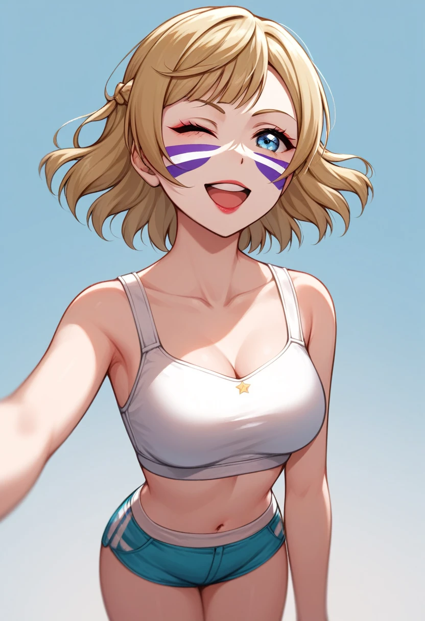 Masterpiece, sksrin, beautiful, simple background, facial details, 8k wallpaper, Emma Verde [Love Live Nijigasaki], white gym bra, micro shorts , wrestling outfit,(lipstick:0.8), (face paint),Fascinated by her beauty ,wink, moist skin,thin waist ,short girl