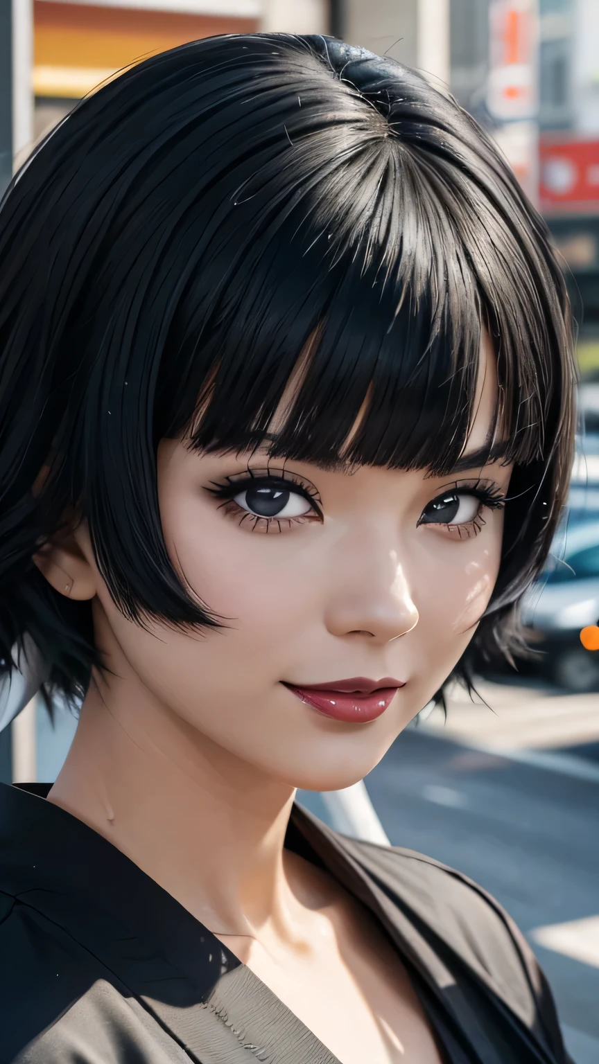 a close up of a person with short hair and a black kimono, soifon, soifon from anime bleach, as an anime character, perfect anime face, she has black hair with bangs, female anime character, anime character, anime best girl, hime cut hairstyle, black hair, (red glossy lips:1.3), blue eyes, smile, realistic, ultra detail, city background, (beautiful face:1.3)