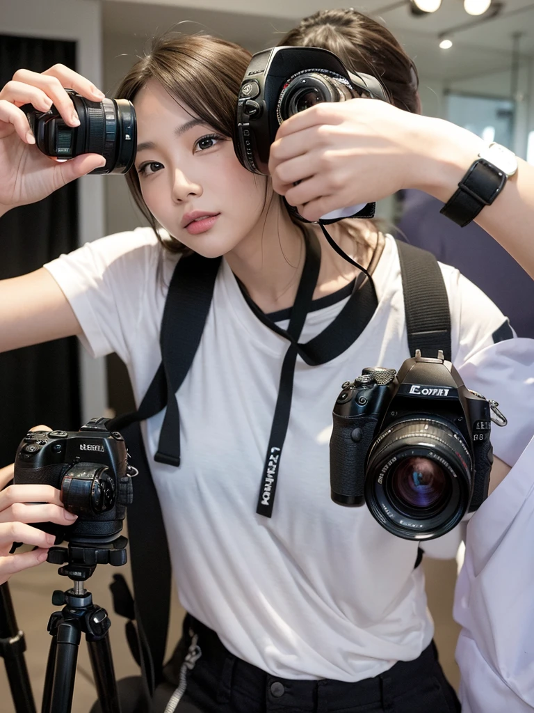 A photographer guy takes a picture of a model