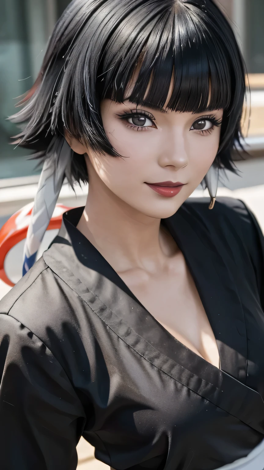 a close up of a person with short hair and a black kimono, soifon, soifon from anime bleach, as an anime character, perfect anime face, she has black hair with bangs, female anime character, anime character, anime best girl, hime cut hairstyle, black hair, (red glossy lips:1.3), blue eyes, smile, realistic, ultra detail, city background, (beautiful face:1.3)