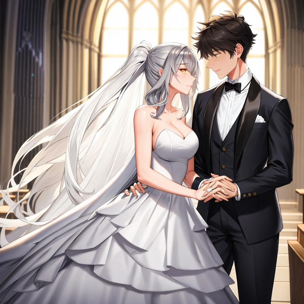 masterpiece, Best quality, masterpiece, Best quality, masterpiece, Best quality, masterpiece, Best quality, high quality, High detail, Ultra detail, HD, 4k, 4280x2240, depth field, (HDR:1.9), Correct anatomy, a masculine boy with short hair black hair abundant brown eyes with full wedding suit from groom to gentleman's suit and Palto flu pants and a girl with very long hair messy hair curly hair wavy hair (((silver hair))) high ponytail with yellow eyes in wedding dress, Dream wedding dress. love. Hand in hand looking at the New Year's sunset sunrise while kissing at church wedding with wedding rings on boy finger and wedding rings on girl finger and smiles, detail, ultra-detail, correct_position, correct_texture, correct_colors, correct_shading, correct_cgi, correct_body, correct_anatomy, correct_proportion, (correct_complete_body)