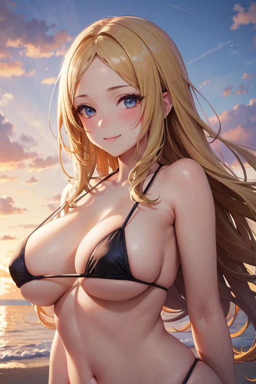 One Woman, Highest quality, masterpiece, Ultra HD, beautiful胸, Cleavage, anime, super beautiful, Beautiful breasts, Shapely breasts, Upper Body, Underboob, Sideboob, Highly detailed eyes, blush, smile, Firm breasts, sunset, Blonde, Micro Bikini, Stylish, Beauty, beautiful, Emphasize the chest, Forehead visible, Straight Hair, Adult sex appeal, Adult charm, Mother, Super Resolution, Beautiful eyes, Beach, 