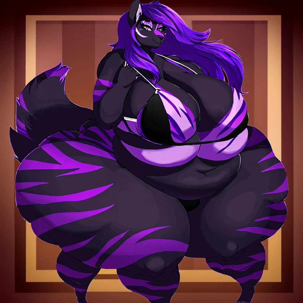 Wolf, female, long hair, huge breasts, huge hips, huge thighs, plump, voluptuous, gorgeous, beautiful, eyelashes, top heavy, bottom heavy, fluffy tail,black fur,black body, purple hair, black stripes bikini , purple stripes,fat, morbidly obese,tiger fur pattern, purple stripes