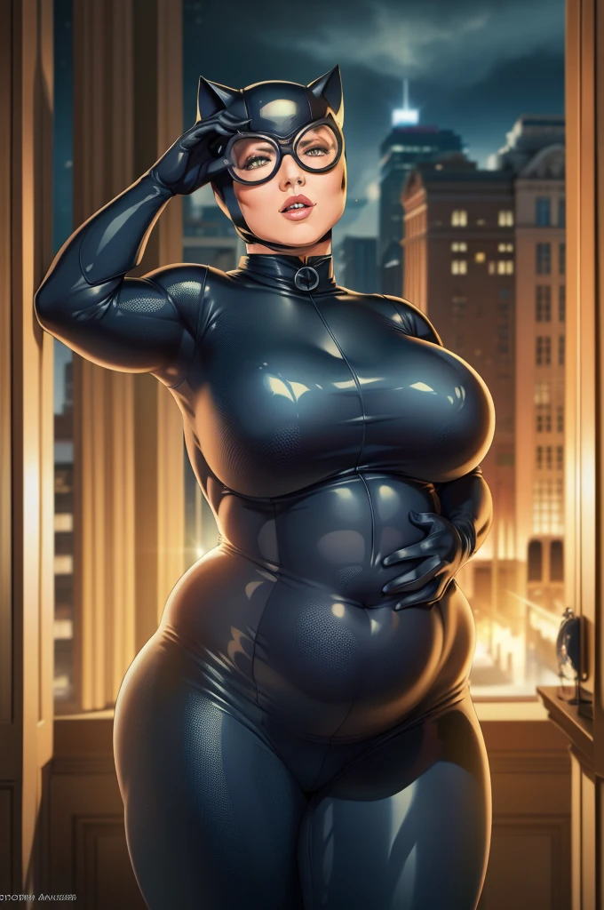 (masterpiece quality1.1), (insanely sophisticated detailed1.2), (realistic detailed beautiful face1.3), (1girl), beautiful face, RAW photo, best quality, high resolution, (masterpiece), Catwoman, DC Comics, skintight cat suit, standing in museum at night, ((massive belly)), ((incredibly overstuffed belly)), (photorealistic:1.4), dynamic volumetric lighting, professional photography, sharp focus, HDR, 8K resolution, beautiful angular face, high rating, intricate detail, sophisticated detail, depth of field, detailed soft eyes, big eyes, chubby, soft fat, smooth skin, tight clothes, undersized clothes, (correct anatomy1.6), ((hyper swollen belly1.5))