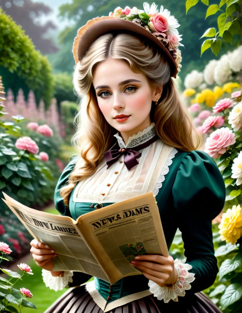a portrait of a beautiful woman [Elisabeth Sladen:Maude Adams:0.1] donning Victorian Era Outfit, she reads a news paper in a flower garden, shallow depth of field, in the style of Don Lawrence