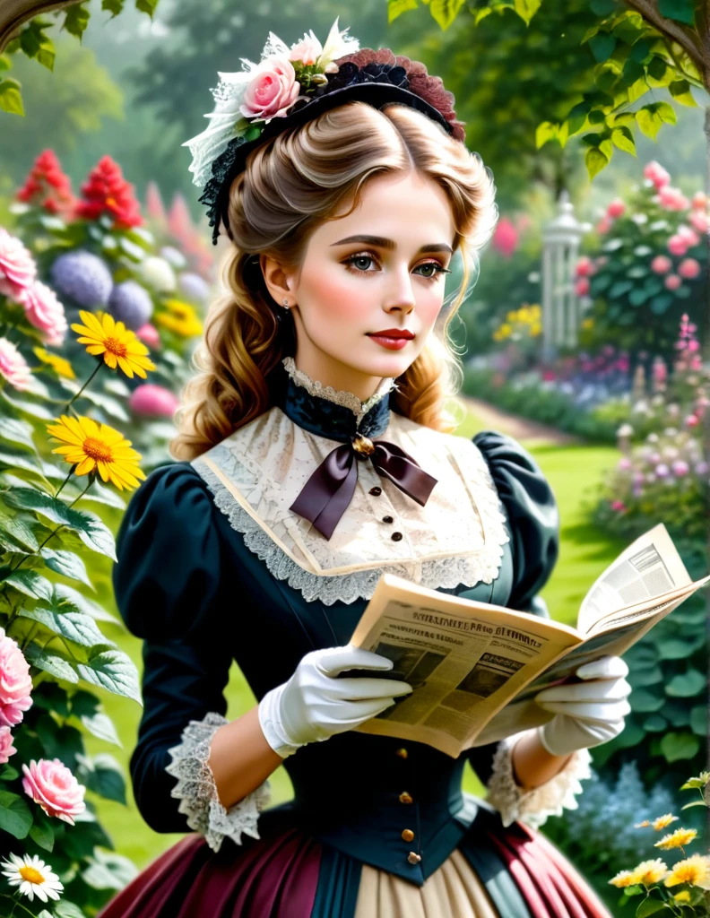a portrait of a beautiful woman [Elisabeth Sladen:Maude Adams:0.1] donning Victorian Era Outfit, she reads a news paper in a flower garden, shallow depth of field, in the style of Don Lawrence
