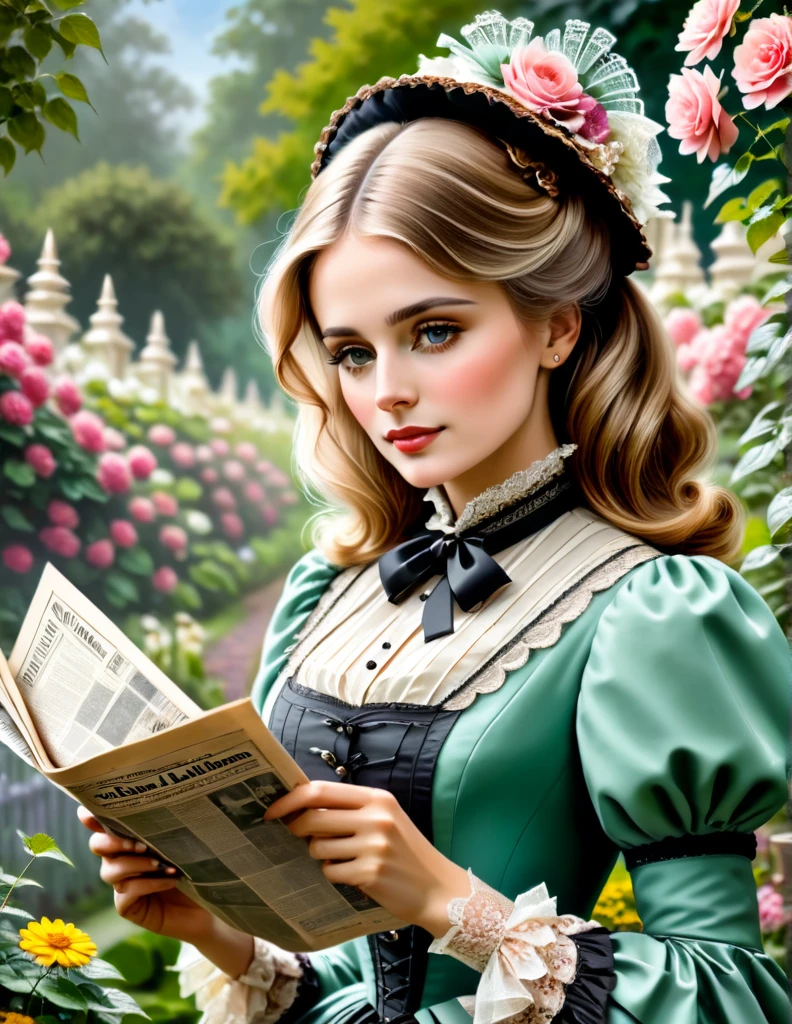 a portrait of a beautiful woman [Elisabeth Sladen:Maude Adams:0.1] donning Victorian Era Outfit, she reads a news paper in a flower garden, shallow depth of field, in the style of Don Lawrence