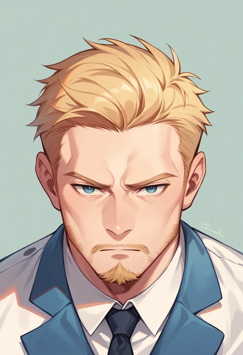 ((best quality)), 1 Men, short beard, slightly blonde hair, wearing light blue suit, half of the body from above