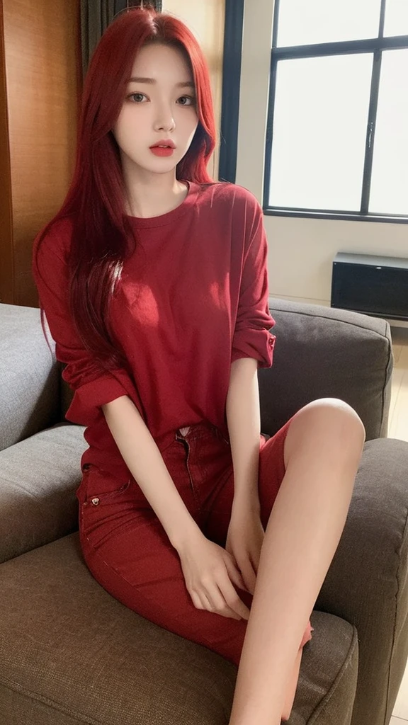 A young Korean woman with realistic red dyed hair, pale skin, thin body. She is wearing a red casual shirt and short jeans. She is looking at the viewer, and her easy expression is sensual. Full body. The setting is a living room and she is relaxing sitting on the sofa. Masterpiece, high quality.