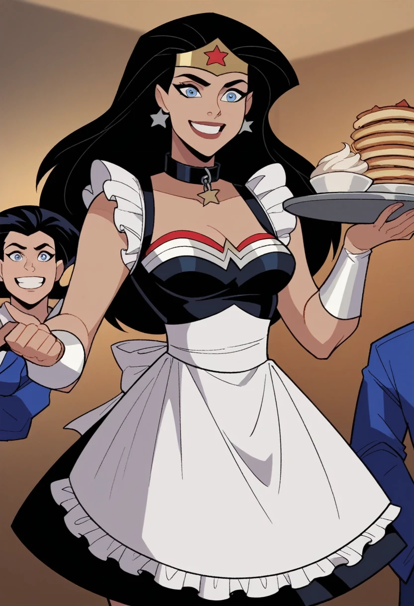 dianaprince, diana prince, blue eyes, black hair, 1 girl, 
maid outfit, jewelry, star \(symbol\), star print, superhero, maid tiara, maid apron, very happy, Big smile, Tray, cassino stage, pet collar, people playing 