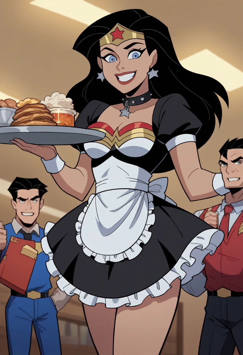 dianaprince, diana prince, blue eyes, black hair, 1 girl, 
maid outfit, jewelry, star \(symbol\), star print, superhero, maid tiara, maid apron, very happy, Big smile, Tray, cassino stage, pet collar, people playing 