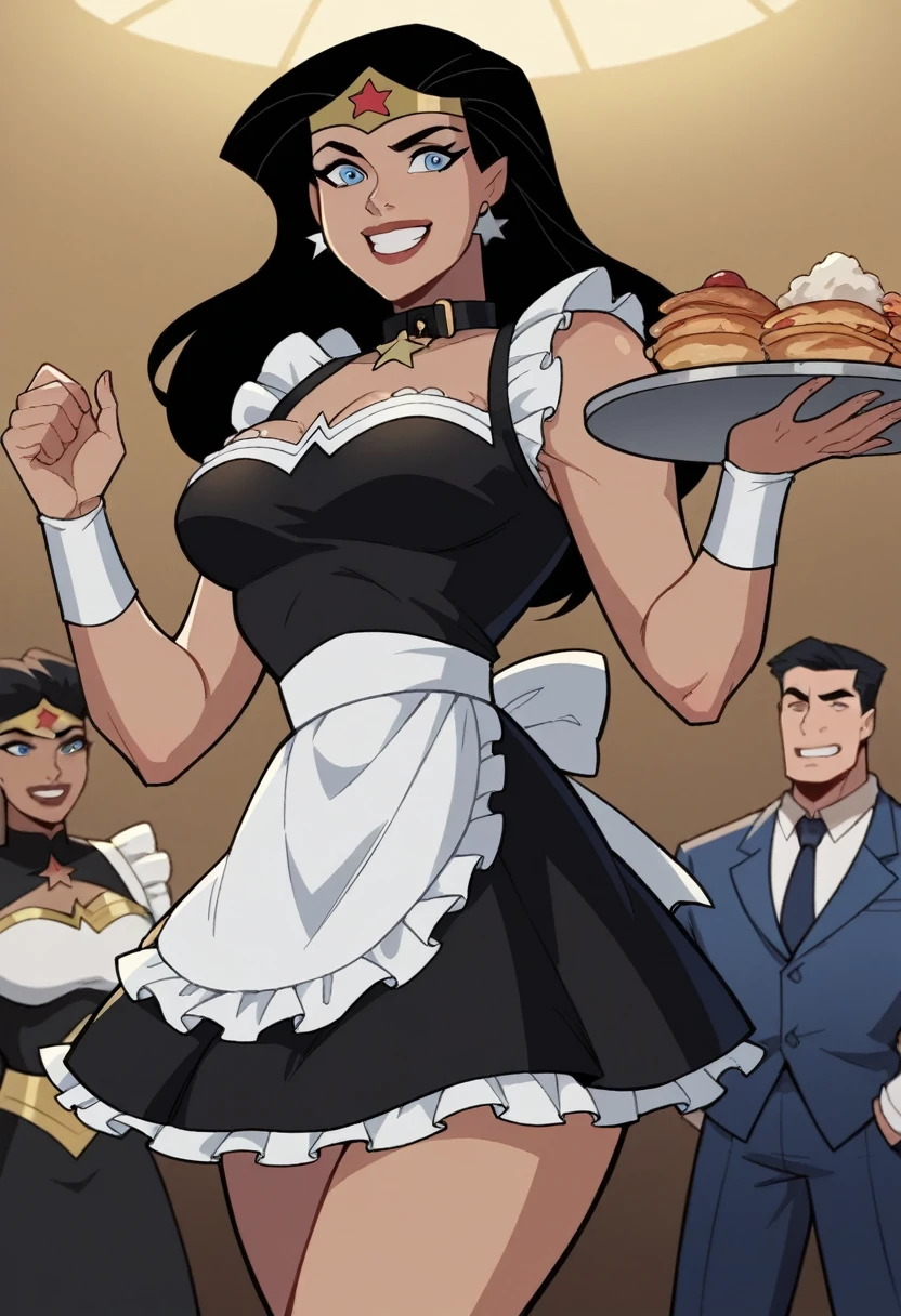 dianaprince, diana prince, blue eyes, black hair, 1 girl, 
maid outfit, jewelry, star \(symbol\), star print, superhero, maid tiara, maid apron, very happy, Big smile, Tray, cassino stage, pet collar, people playing 