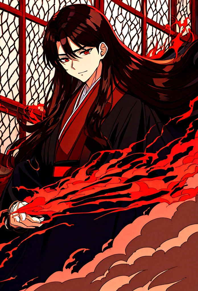 Teenager boy, long brown hair, burning red eyes, black kimono, sadistic face, laghting
