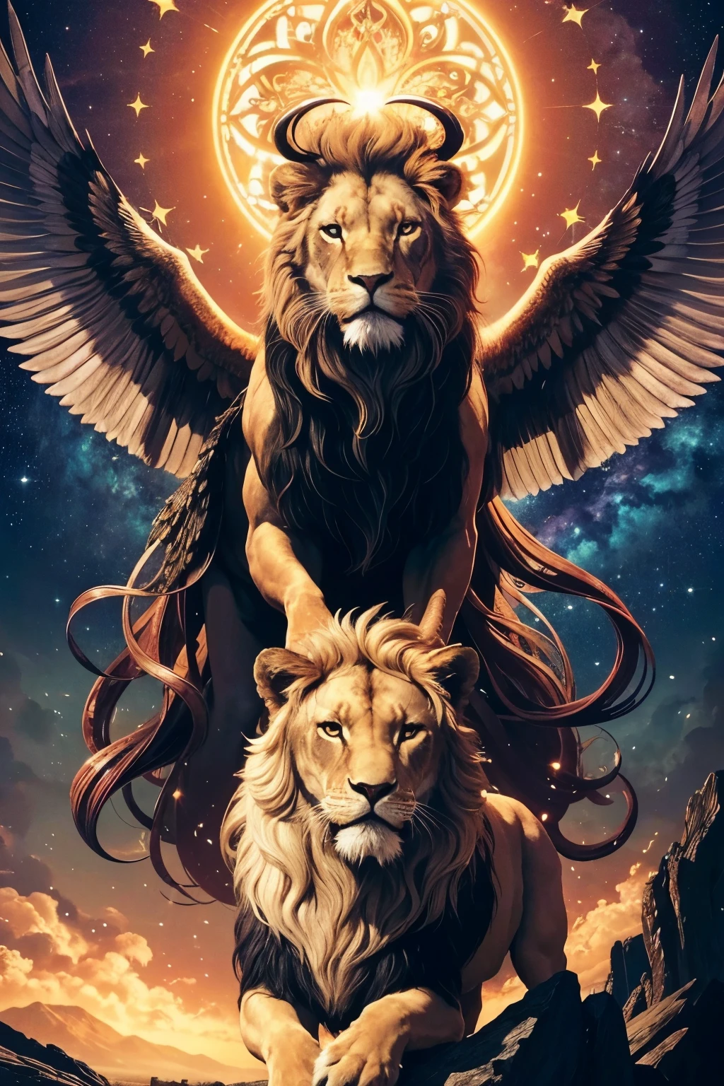 ((best quality)), ((masterpiece)), (detailed), stunningly realistic and awe-inspiring depiction of a Cherubim as described in the biblical texts of Ezekiel 1:5-11 and 10:1-22. This celestial being is captured mid-flight, its four mighty wings outstretched in a display of divine power. Each wing, studded with a myriad of intricately detailed eyes, shimmers with a spectrum of iridescent hues, reflecting the ethereal light of the heavenly realm from which it originates. The creature's body is a harmonious blend of the forms of a man, lion, ox, and eagle, each face gazing steadfastly in one of the cardinal directions, symbolizing vigilance and omniscience. The human face, at the front, exudes a solemn grace, with eyes brimming with an all-knowing wisdom. On the right, the lion's visage embodies courage and nobility, its mane a whirlwind of fiery tendrils. To the left, the stoic countenance of the ox speaks of unyielding strength and patience, while the sharp beak and piercing gaze of the eagle face reveal an unparalleled acuity. The cherub's complexion is a mesmerizing amalgam of gold, bronze, and a luminescent white, which seems to pulse with an inner radiance that defies comprehension. The four wheels within wheels, covered in eyes, move with a silent grace, propelling the creature through the heavens. The overall composition suggests a moment frozen in time, a glimpse into the profound mysteries of the divine, inviting contemplation of the unfathomable beauty and complexity of the celestial order.