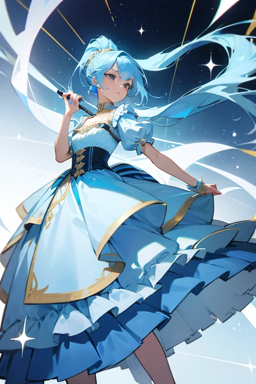 female. Facing the side, chin high up. Graceful SHARP sophisticated charming face look. Light blue hair, long straight hair tied in straight ponytail. Wearing white and blue dress with gold stripes, the dress has many layers, and frills and ruffles. A bit. ABIT sparkly dress, but very sophisticated 