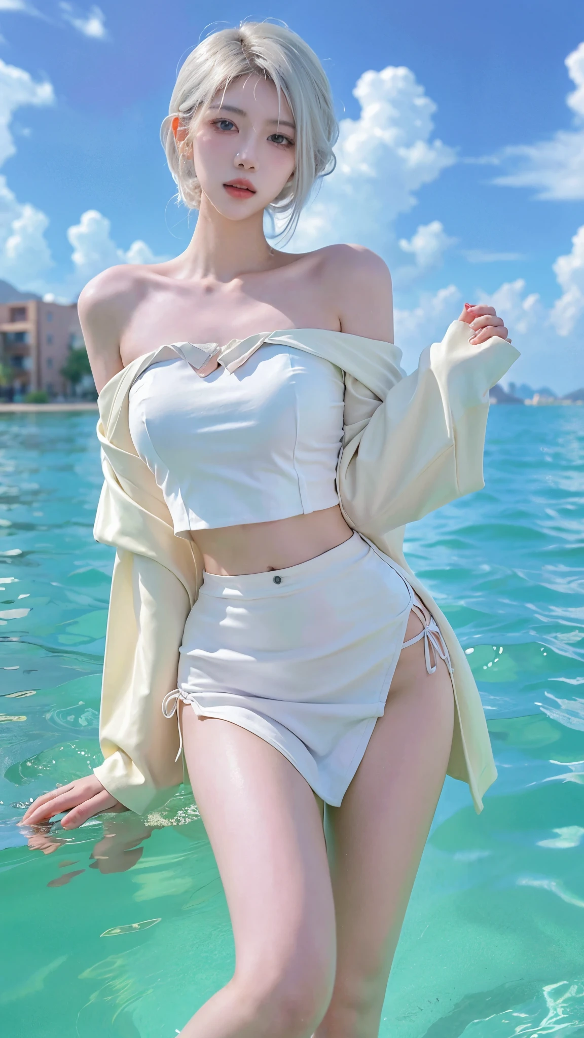 Beautiful woman with perfect figure:1.4，Swimming background，Desert Background，Ultra-high resolution，Seductive laughter，wear glasses，White legs，（lifelike：1.4），Layered Hairstyle，White skin，Black mini pleated skirt，whole body，Very delicate face and skin texture，Double eyelids，Skin Whitening，Long hair，White hair，White，