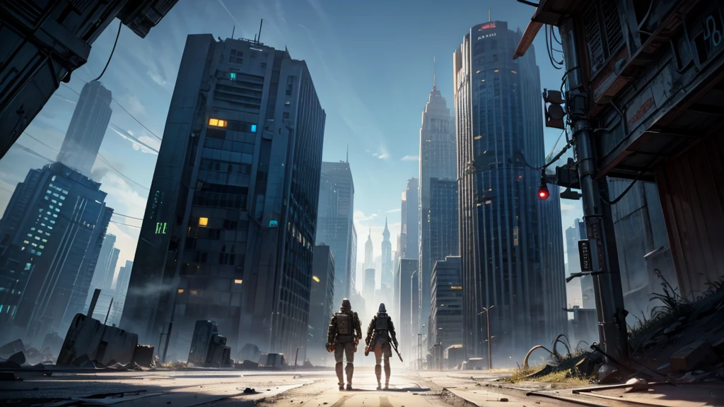 battle scenario. RPG scenario. futuristic setting. technological city. abandoned city.