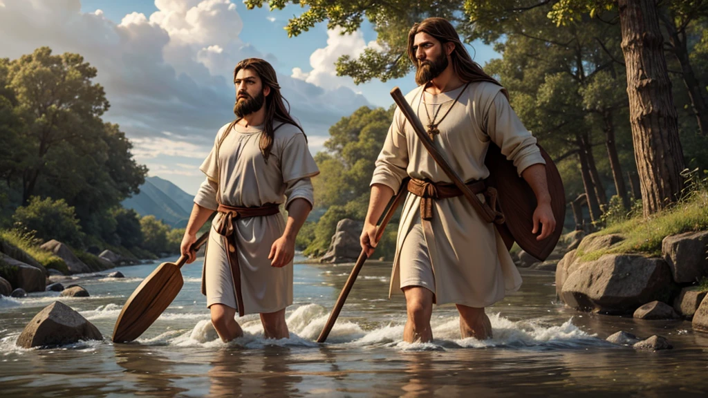 Create an ultra-realistic image of Saint Christopher, represented as a tall, strong man with a dark beard and long hair. He must be crossing a shallow river, holding a large wooden staff in one hand and carrying the baby Jesus on his shoulders. Saint Christopher must be dressed in a simple tunic, brown or beige, which appears heavy and wet from the river. The baby Jesus must be represented as a small, serene , with light hair and a calm expression, wearing a white robe. The scene should be at dawn or dusk, with soft, natural light, and the background should include a natural setting with trees and a slightly cloudy sky. The image should capture the effort of Saint Christopher when crossing the river and the tranquility of the baby Jesus. The composition should convey a feeling of devotion, strength and protection.