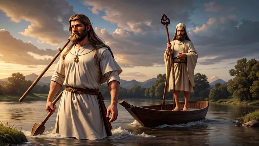 Create an ultra-realistic image of Saint Christopher, represented as a tall, strong man with a dark beard and long hair. He must be crossing a shallow river, holding a large wooden staff in one hand and carrying the baby Jesus on his shoulders. Saint Christopher must be dressed in a simple tunic, brown or beige, which appears heavy and wet from the river. The baby Jesus must be represented as a small, serene , with light hair and a calm expression, wearing a white robe. The scene should be at dawn or dusk, with soft, natural light, and the background should include a natural setting with trees and a slightly cloudy sky. The image should capture the effort of Saint Christopher when crossing the river and the tranquility of the baby Jesus. The composition should convey a feeling of devotion, strength and protection.