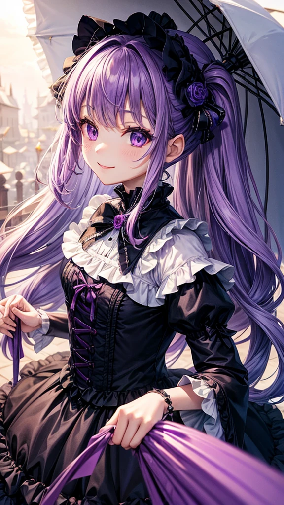 Purple Hair、Super Drill Hair、Purple eyes、Gothic Lolita clothes、A dress with lots of ribbons、parasol、smile、In town、4K、high resolution、masterpiece
