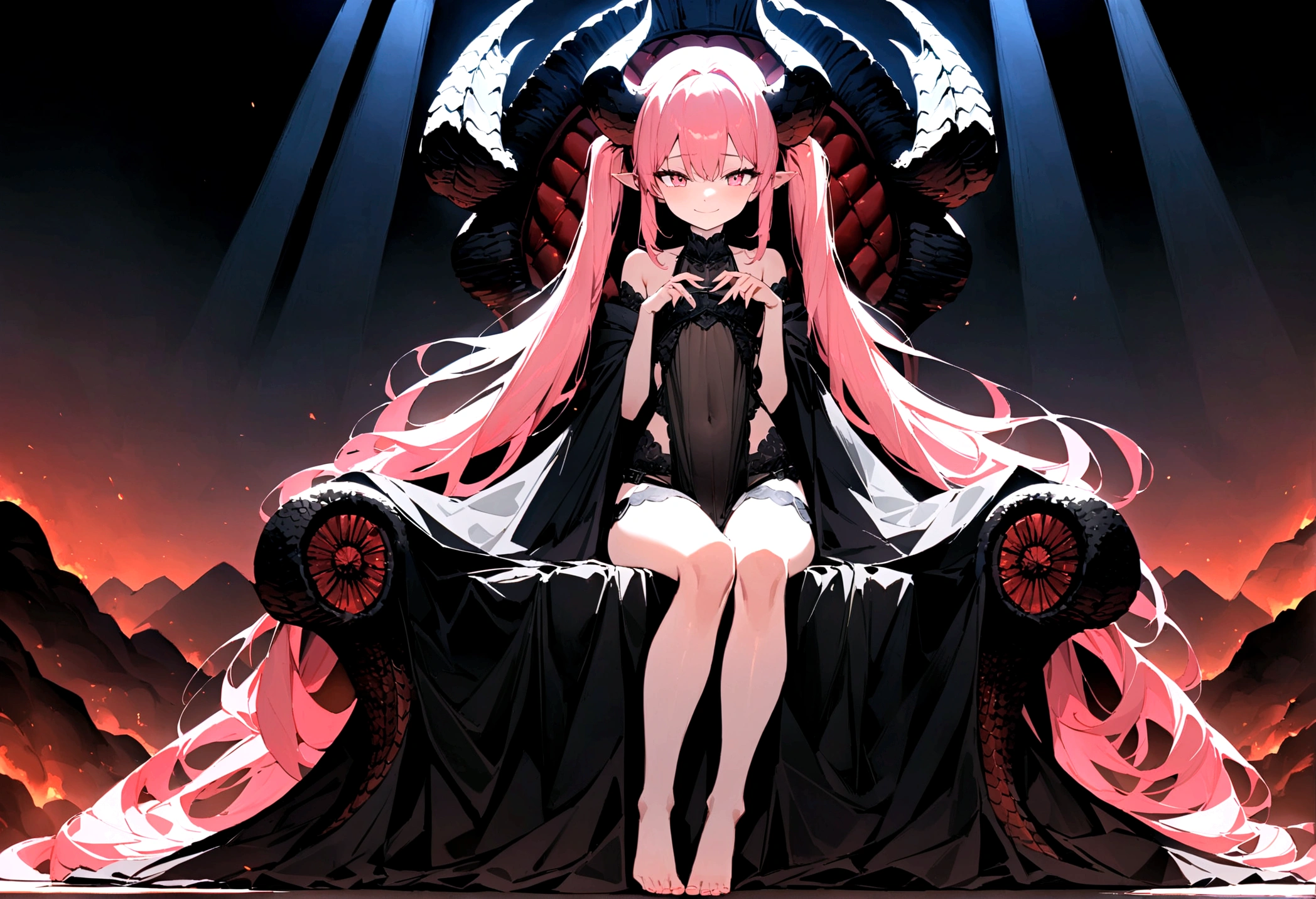 a young empress smiling and sitting on an elaborate throne with legs spreaden, in a volcano-themed room. The throne is covered with red, dragon-like scales, giving it a majestic and powerful appearance. The empress has long pink hair styled in twintails, and her eyes are also pink. She has a pair of elegantly curved horns on her head. She is almost naked, using only a small black lingerie. The overall scene should convey a sense of intensity and regality, with the dim lighting and volcanic theme enhancing the dramatic atmosphere.. Best quality. Masterpiece. Ultra detailed fingers.