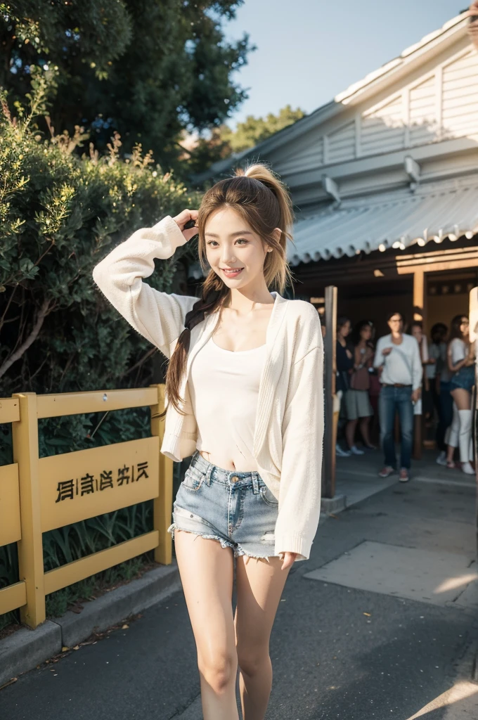(((best quality))),(((ultra detailed))),(((masterpiece))),illustration,((1 beautiful girl,solo)),((slim,thin)),((small breasts,flat chest)), outside school gate, summer twilight, sunlight,(short ponytail:1.3),(claviclies,cleavage),((white long-sleeved shirt)),((denim shorts,slender legs)),(plain white socks, comfortable flip-flops), animated face, excited eyes, sounds of laughter, chatter, excitement of summer vacation, air filled with energy, school gate golden glow, symbol of end of academic year, schoolyard transformed, reunion, farewells, embracing setting sun, face illuminated, moment captured, fleeting instant, essence of summer, carefree spirit, youthful exuberance, embodiment of season, sun dips, rosy glow, joy of living,promise of adventures,((standing,from front,full body)),(surrounded by crowded crowds:1.3)
