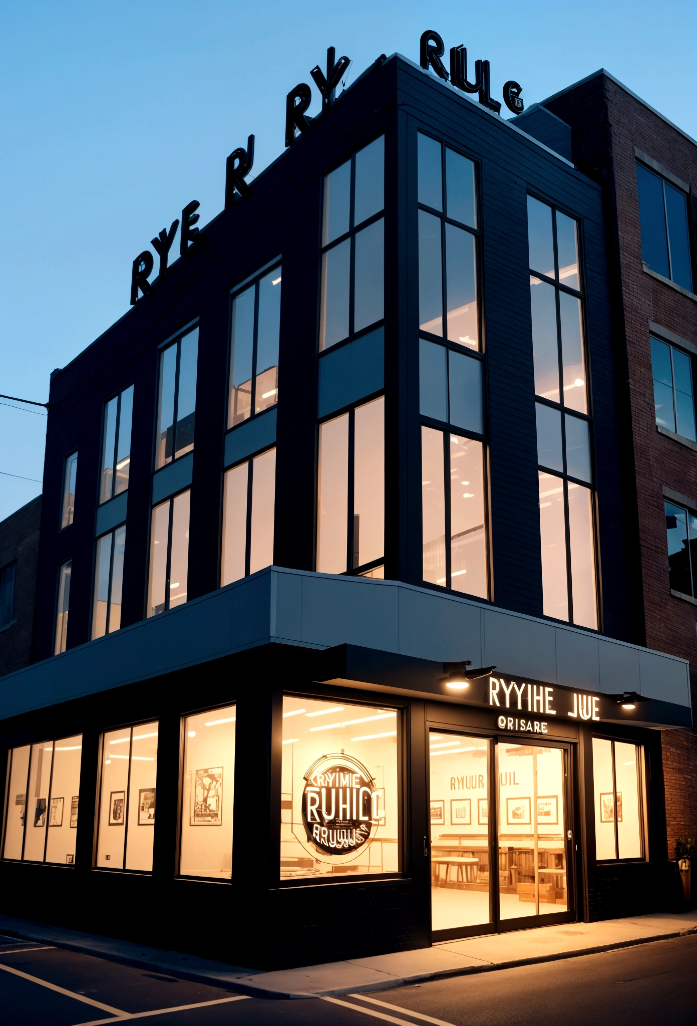 create an outside view of a record studio building called "Rhythm Records"