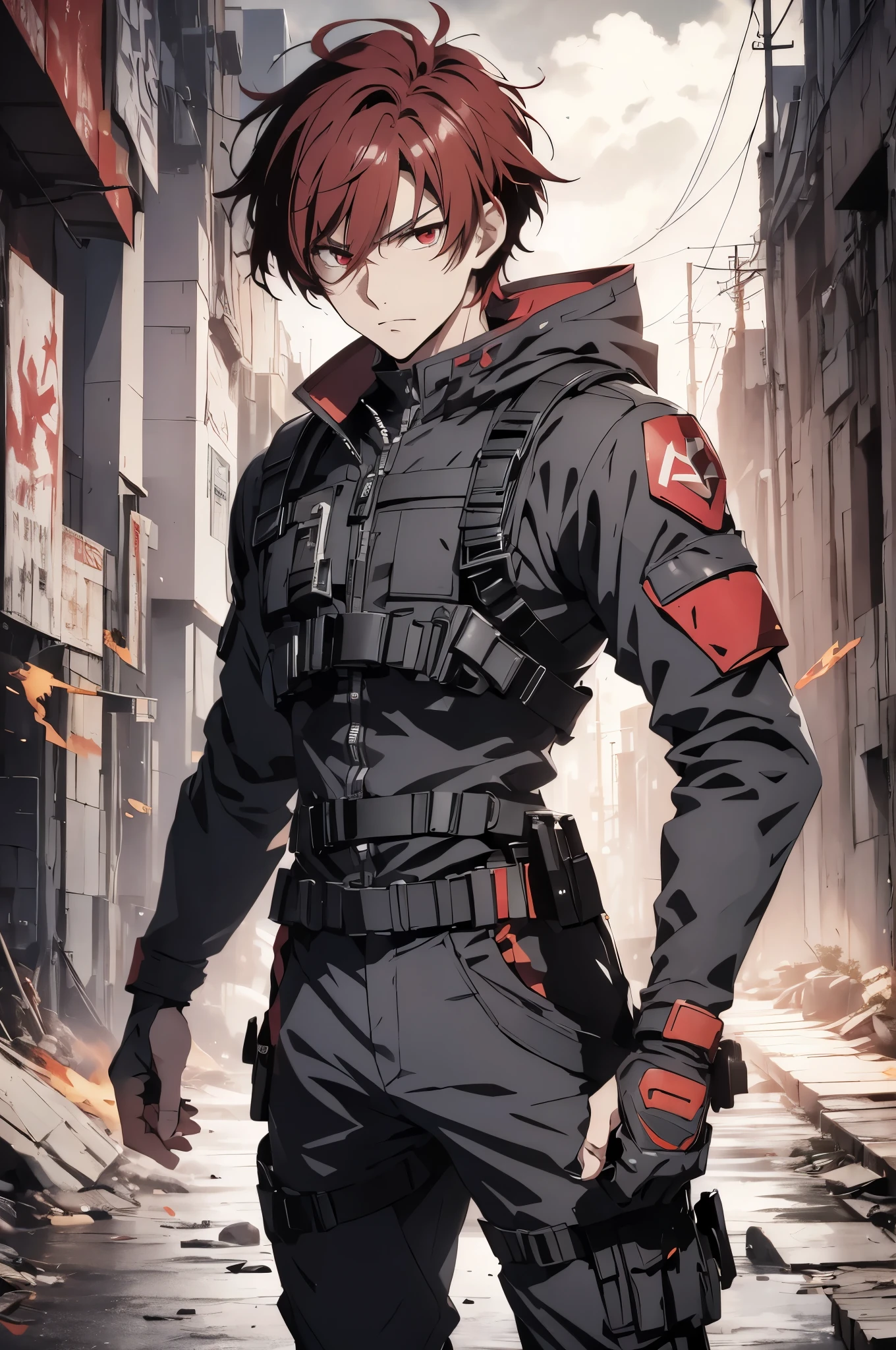 1 male, solo, red hair , anime character wearing combat suit, kaworu nagisa, anime handsome man, male anime character, tall anime guy with red eyes, hajime yatate, anime, fubuki, action anime pose, yukito kishiro, young anime man, official art, makoto kano, male anime style, masterpiece, rtx, ray tracing, highly detailed, best quality, official art