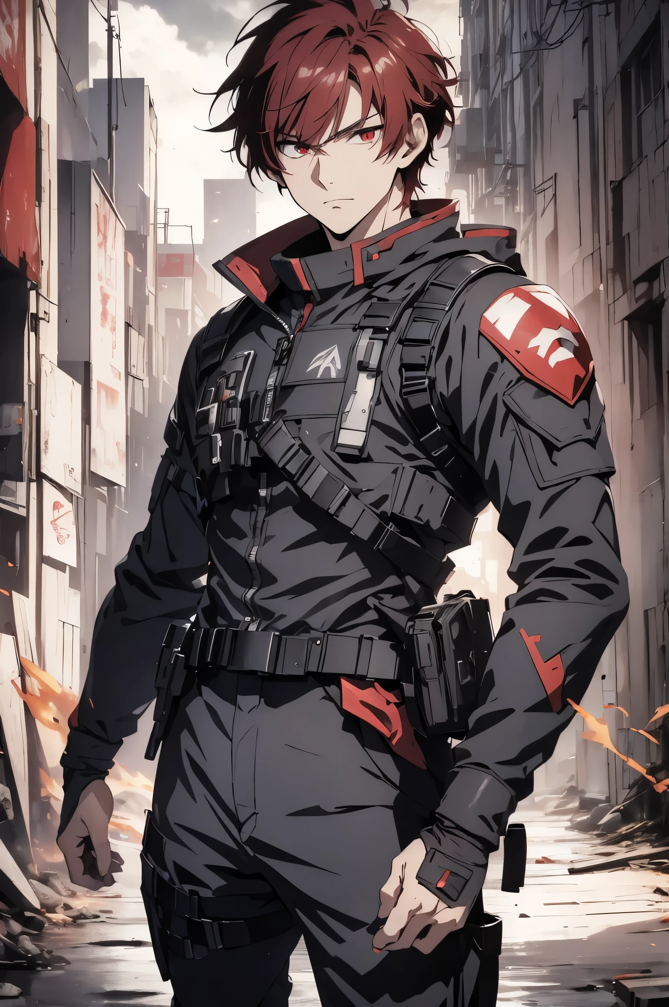 1 male, solo, red hair , anime character wearing combat suit, kaworu nagisa, anime handsome man, male anime character, tall anime guy with red eyes, hajime yatate, anime, fubuki, action anime pose, yukito kishiro, young anime man, official art, makoto kano, male anime style, masterpiece, rtx, ray tracing, highly detailed, best quality, official art