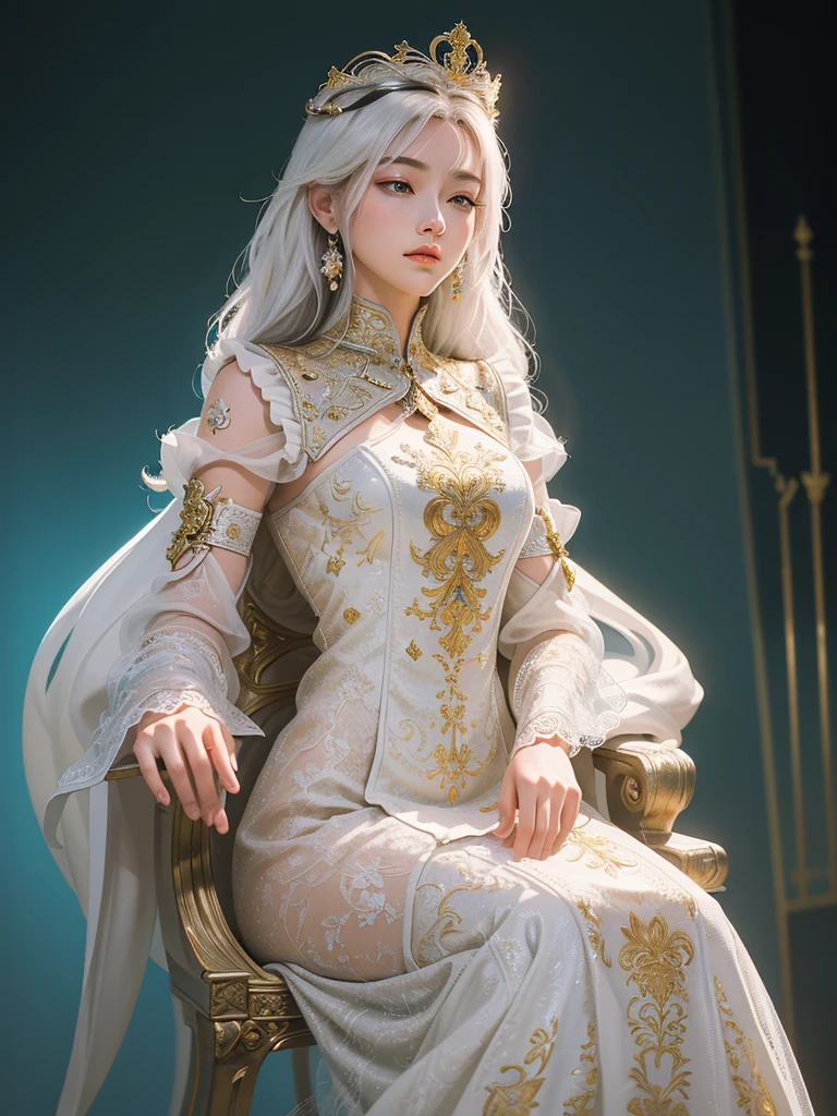 (Masterpiece:1.2), best quality, (illustration:1.2), (ultra-detailed), hyper details, (delicate detailed), (intricate details), (cinematic light, best quality Backlights), clear line, from below, soloist, perfect body, (1girl), white hair and yellow eyes, (emperor, black see-through clothes), (crown: 1.1), sitting on the throne, eyes slightly closed, head down, (shy: 1.2 ), (makeup), high contrast, (best illumination, an extremely create and beautiful), (cinematic light), colorful,